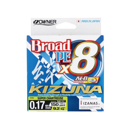 Шнур OWNER Kizuna X8 Broad PE chartreuse 135м 0,17мм 9,2кг