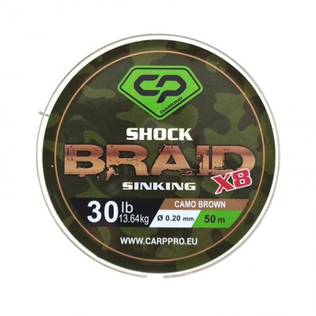 Шок-лидер CARP PRO Diamond Shock Braid PE X8 коричневый 30lb 50м 0,20мм Шок-лидер CARP PRO Diamond Shock Braid PE X8 коричневый 30lb 50м 0,20мм